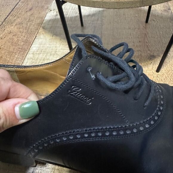 GUCCI 'Brogue' Men’s Sz 8 Black Leather Plain Toe Oxfords Italian Shoes - Picture 2 of 15